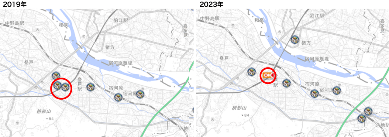 図13:川崎市・登戸駅近辺の状況 地図:国土地理院